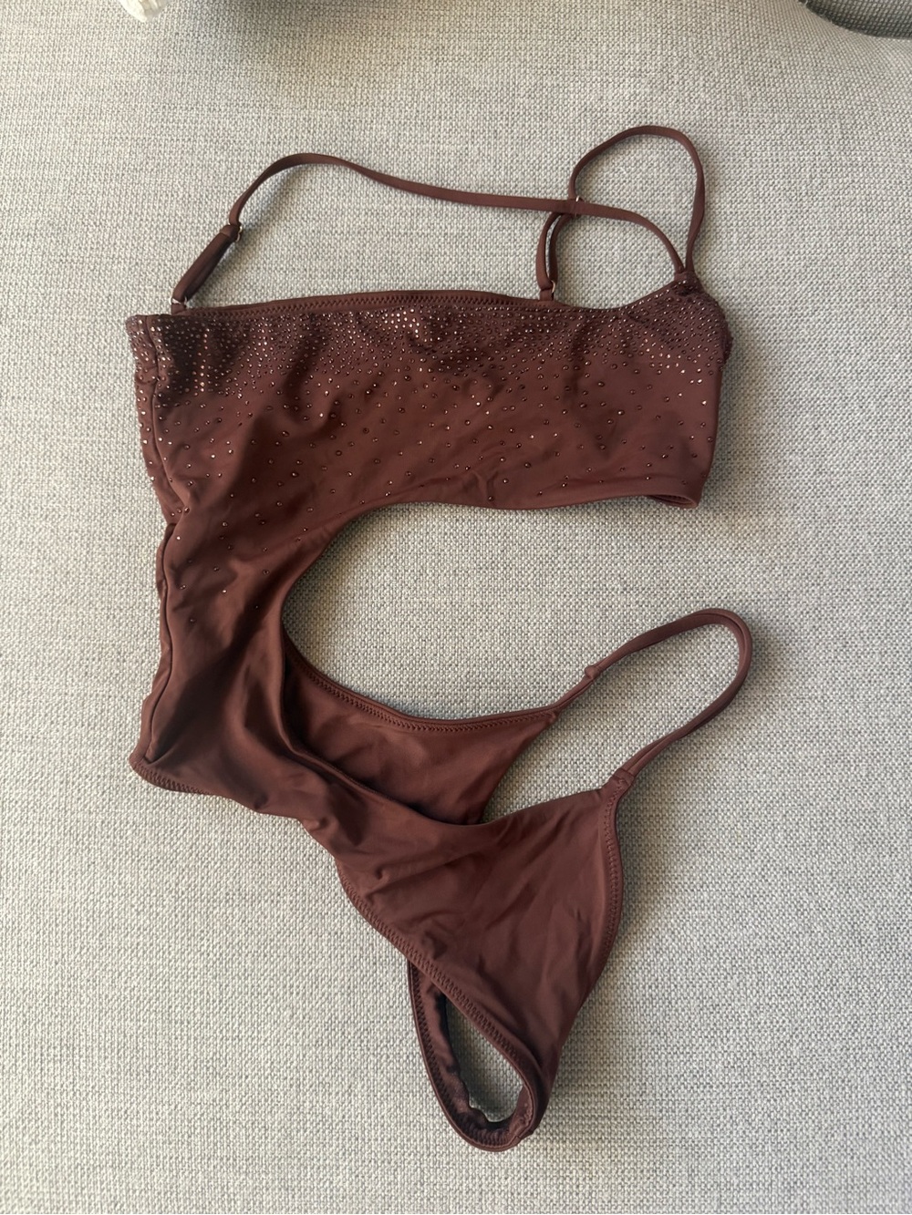 Oh Polly Chocolate Brown One-Shoulder Rhinestone Cutout Swimsuit